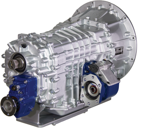 An image of the Eaton Procision Dual-Clutch Automatic Transmission with two visible PTOs mounted to it. On the right side is a TG Series, on the rear of the transmission is the RS Series.